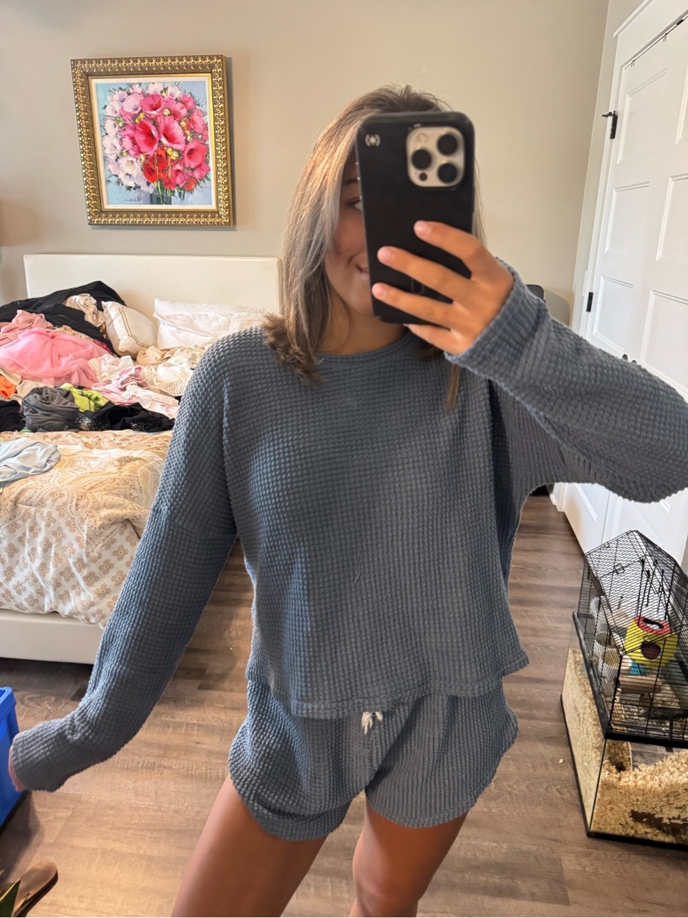 SHEIN Blue Waffle Knit Long Sleeve Top & Shorts Pajama Set